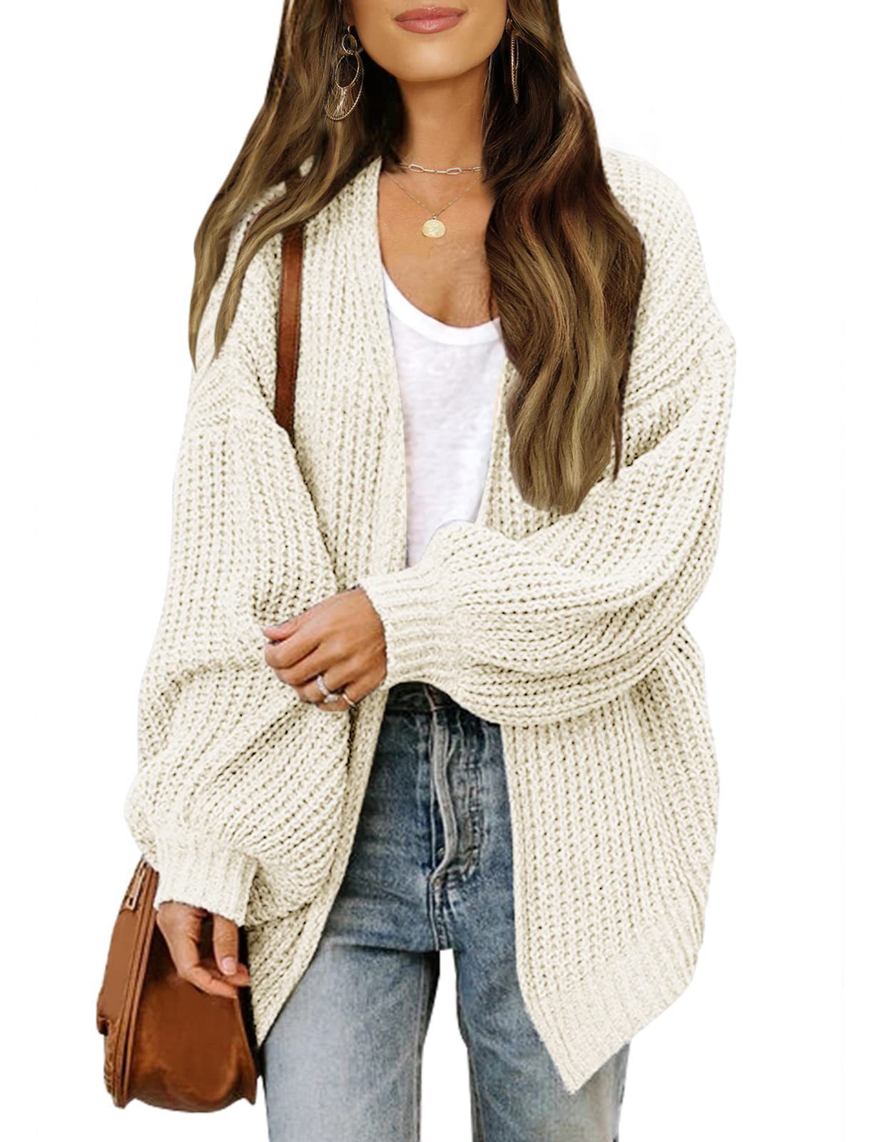 Chunky Knit Open Cardigan with Balloon Sleeves – Women – Cream – worn